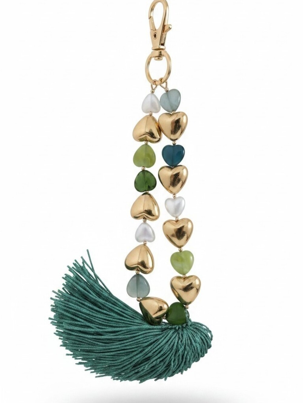 NWT BIJOUX BAR Gold & Green Heart Bead Tassel Charm Keychain
